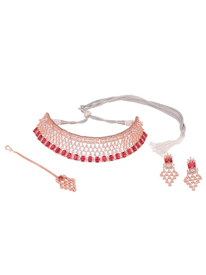 Saraf RS Jewellery Rose Gold-Polished & Red AD & CZ-Studded Contemporary Jewellery Set