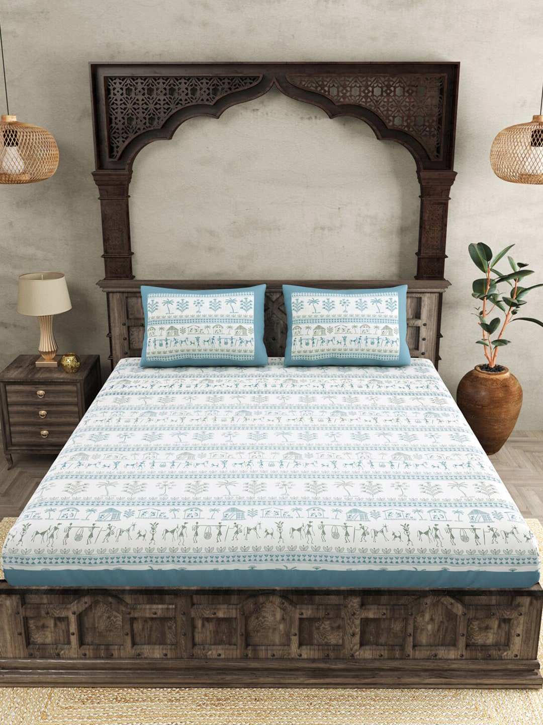 JAIPUR FABRIC Blue Ethnic Motifs Cotton 250 TC Super King Bedsheet With 2 Pillow Covers
