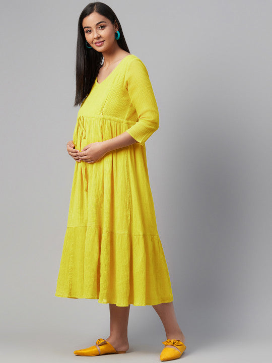 Anayna Women Lime Green Solid Tiered Maternity A-Line Dress