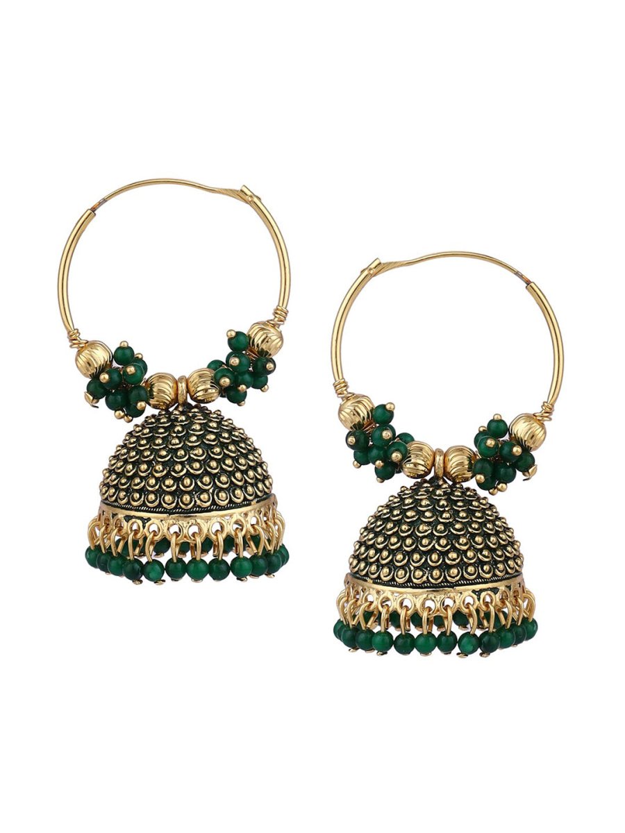 Anikas Creation Green & Gold-Toned Contemporary Jhumkas Earrings
