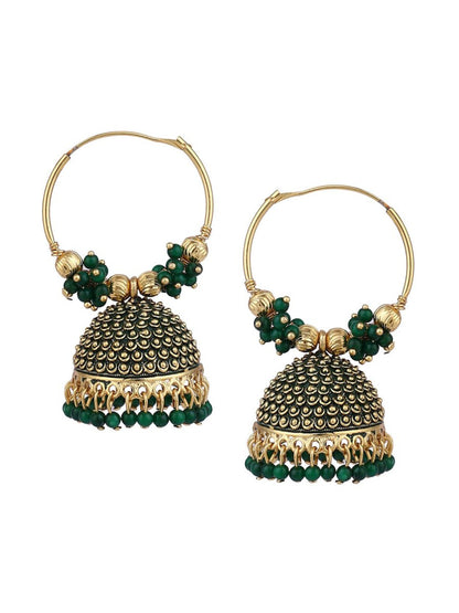Anikas Creation Green & Gold-Toned Contemporary Jhumkas Earrings