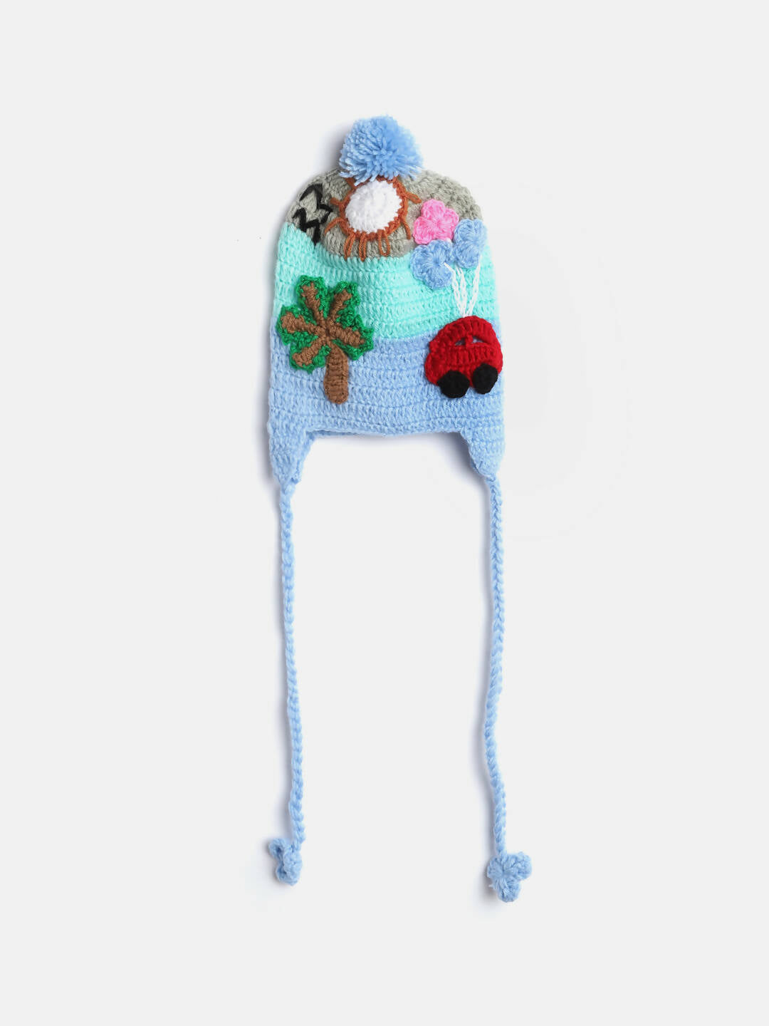 Chutput Kids Woollen Hand Knitted Trip Scenery Bobble Detailed Cap - Blue