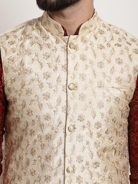 Sojanya Men Maroon & Gold Floral Straight Kurta Churidar & Sequined Nehru Jacket