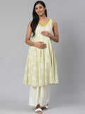 Anayna Women Green & Off-White Ethnic Motif Pure Cotton Printed Anarkali Kurta