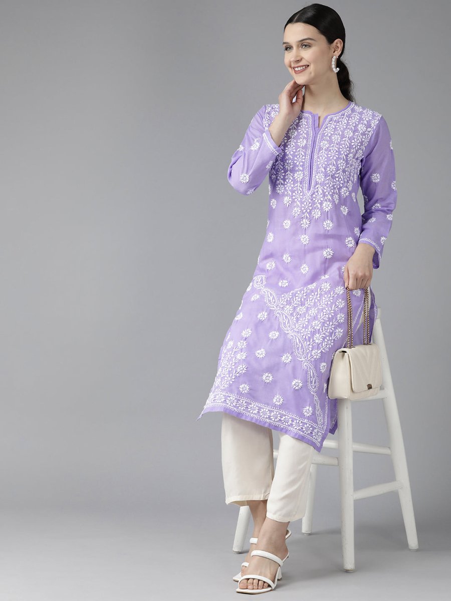 ADA Women Mauve & White Ethnic Motifs Embroidered Chikankari Kurta