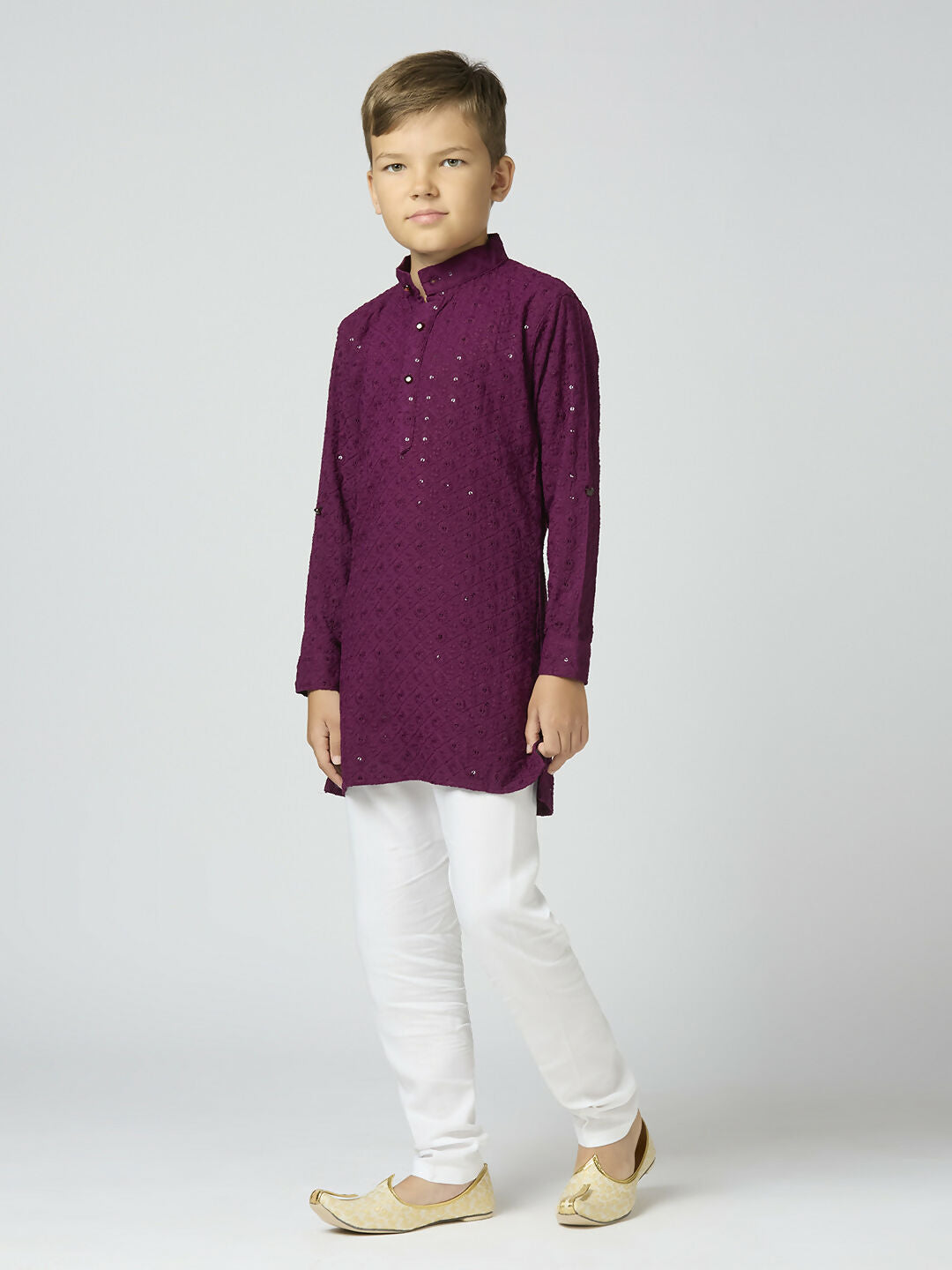 Joban Fashion Kids Island Full Sleeves Cotton Kurta, Pyjama Set with Sequin work - Wine