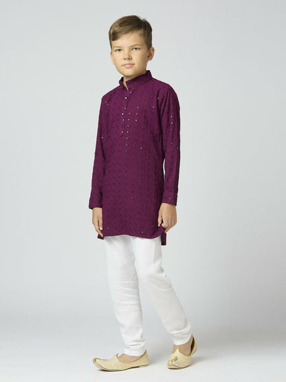 Joban Fashion Kids Island Full Sleeves Cotton Kurta, Pyjama Set with Sequin work - Wine