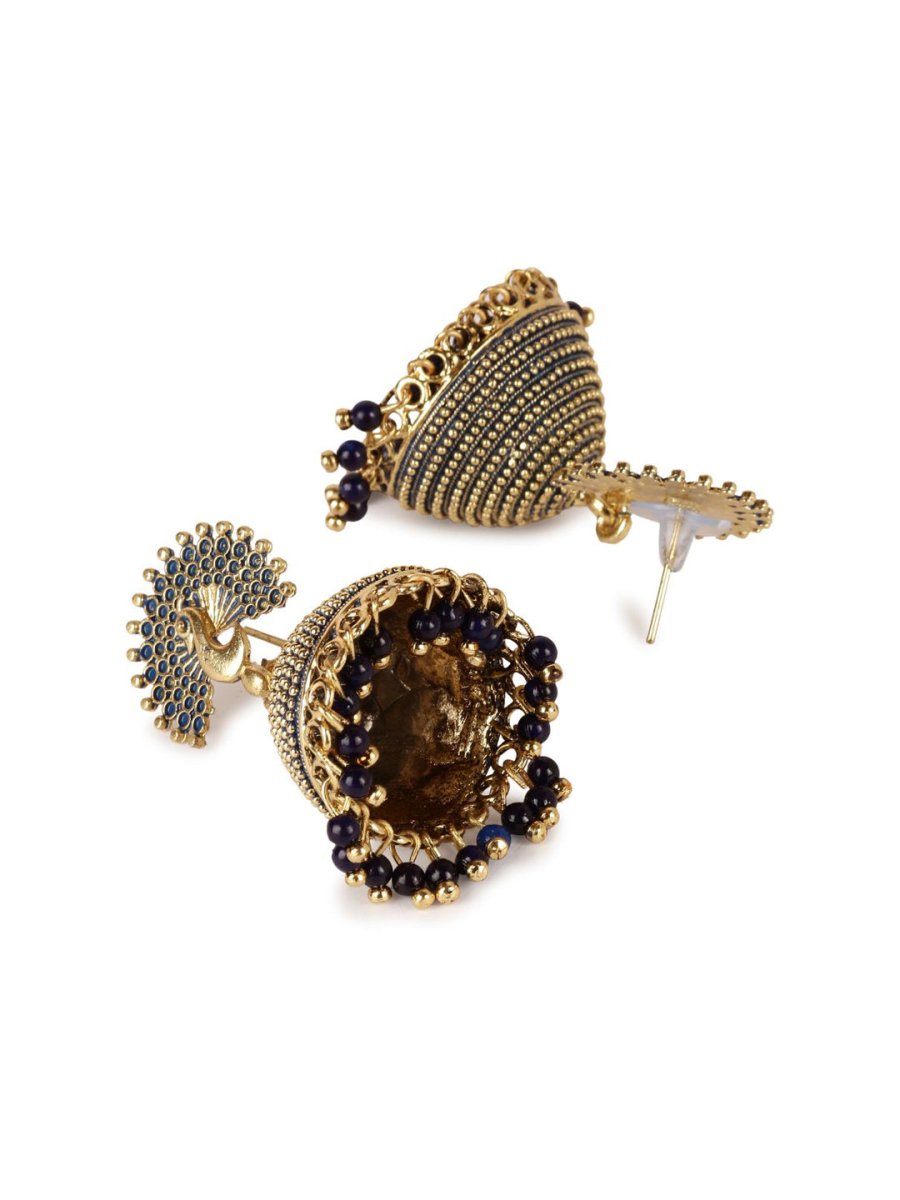 Anikas Creation Gold-Polished & Blue Enamelled Peacock Shaped Jhumkas