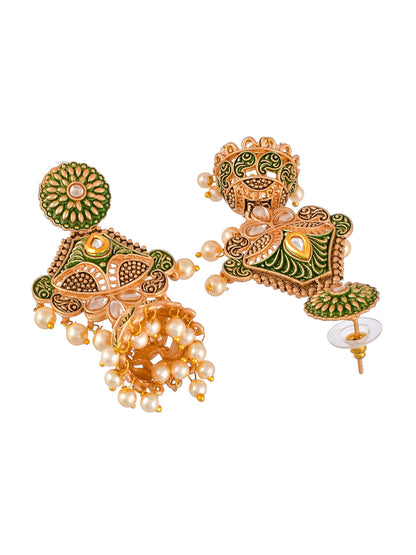 Shoshaa Green & Gold-Toned Contemporary Jhumkas Earrings