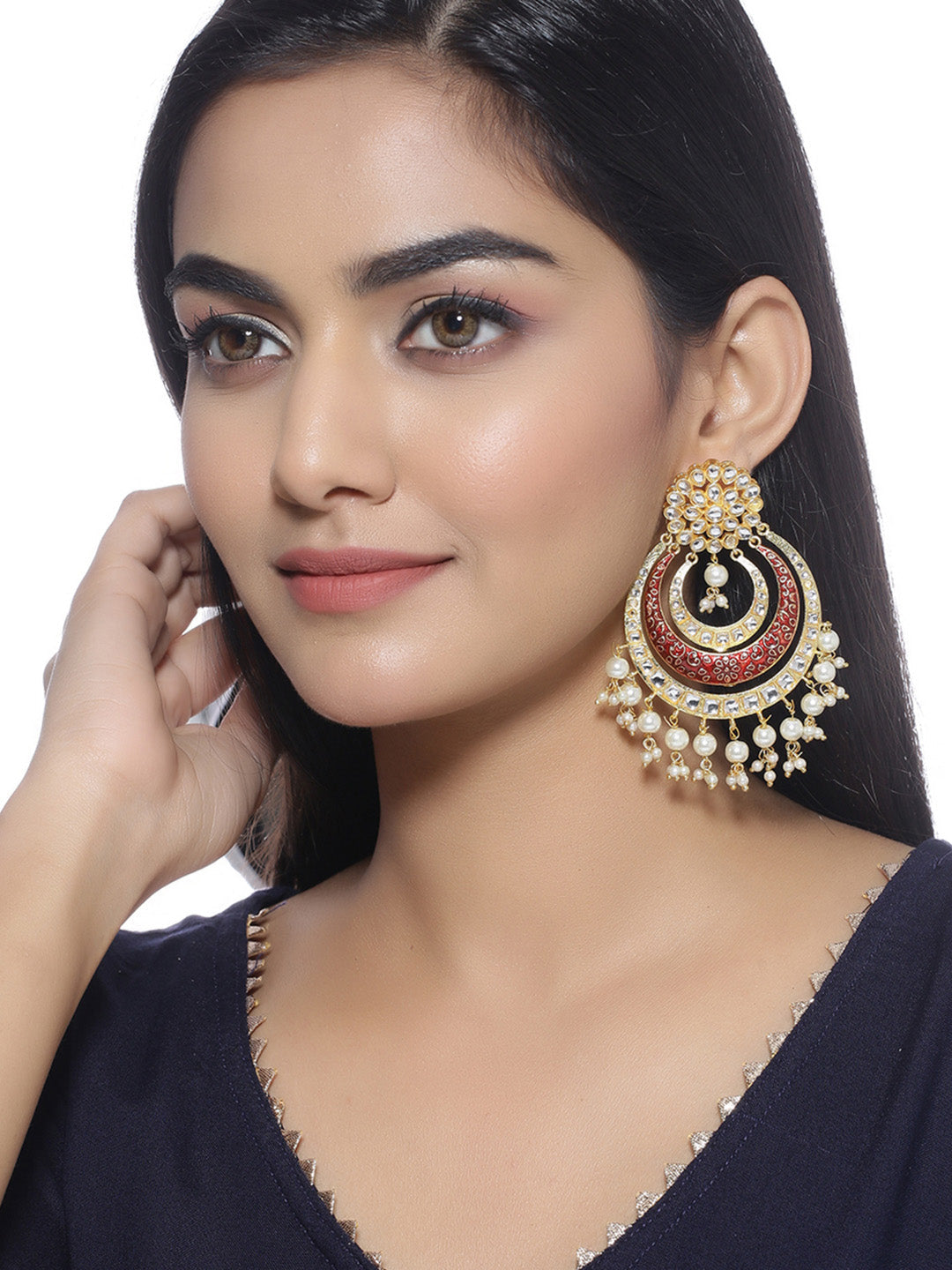 Shoshaa Red & Off-White Kundan Studded & Beaded Crescent Shaped Chandbalis