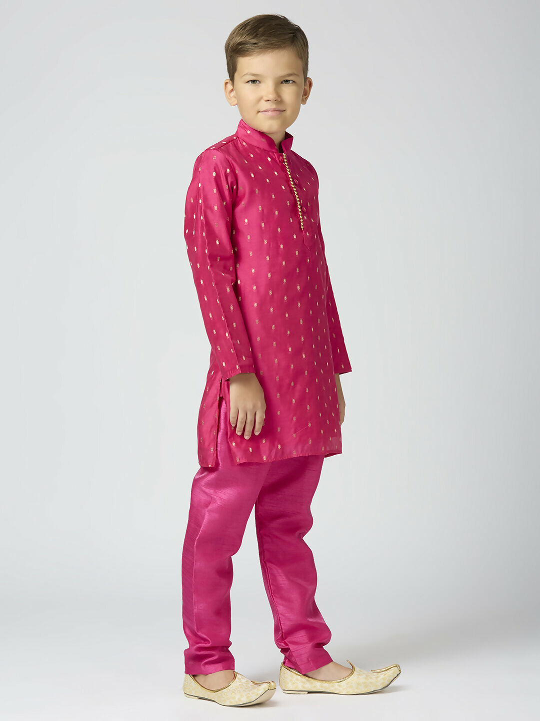 Joban Fashion Kids Island Full Sleeves Chanderi Kurta, Pyjama Set with Traditional Butta Work - Rani Pink