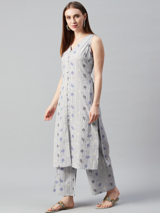 Anayna Women Grey & Blue Ethnic Motifs Printed Kurta with Palazzos
