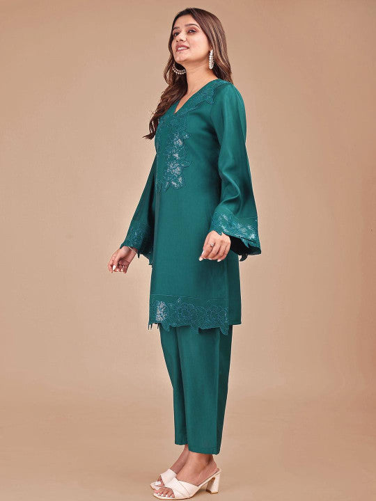 Tikhi Imli Embroidered V-Neck Tunic & Trousers Co-OrdsSet