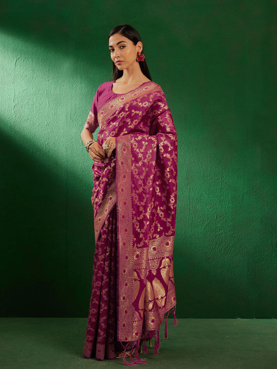 Sangria Burgundy Ethnic Motifs Woven Design Zari Banarasi Saree