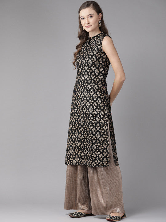 Anayna Women Black & Golden Printed Straight Kurta