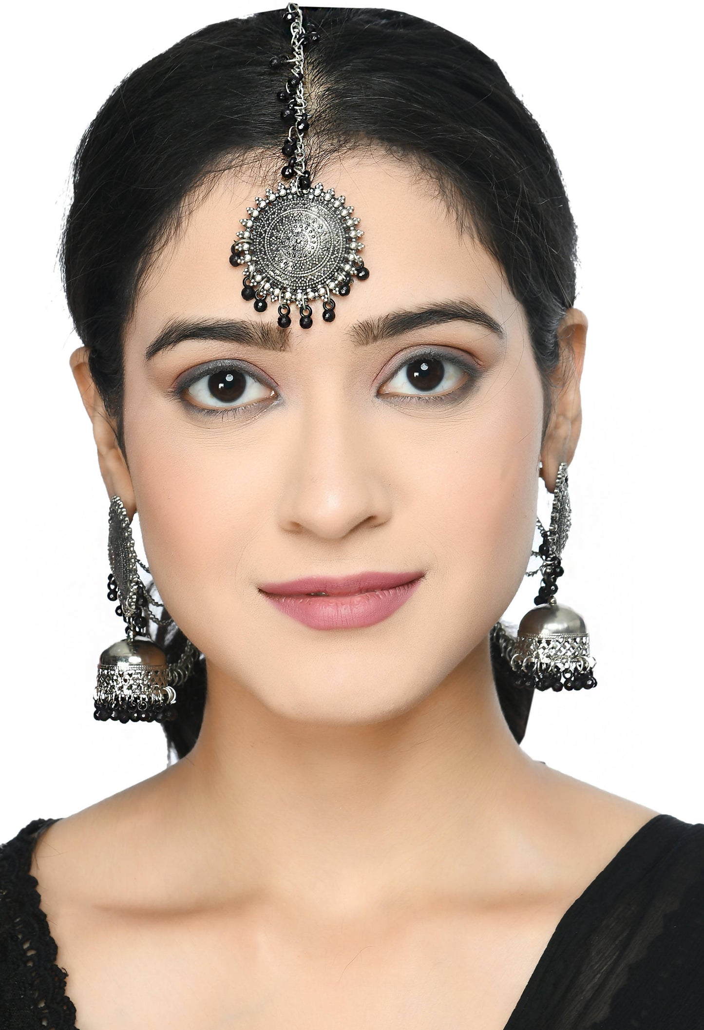 Mominos Fashion Johar Kamal Bahubali Black Beads Earrings With Tikka