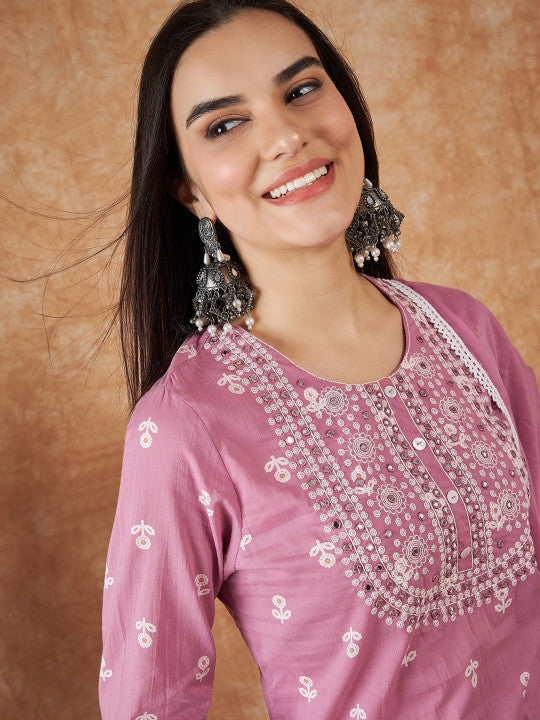Sangria Floral Printed Pure Cotton Kurta With Trousers & Dupatta
