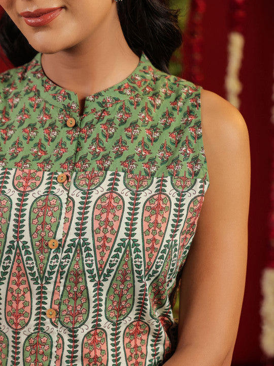 Anayna Ethnic Motifs Printed Mandarin Collar Straight Pure Cotton Kurta With Palazzos