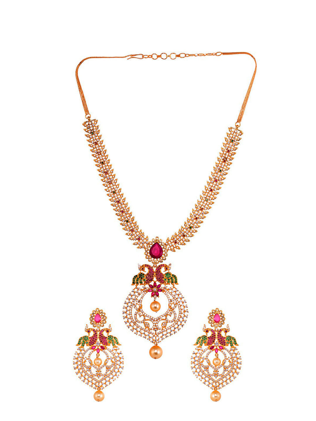 Saraf RS Jewellery Gold-Polished Green & Pink American Diamond Studded & Beaded Handcrafted Jewellery Set
