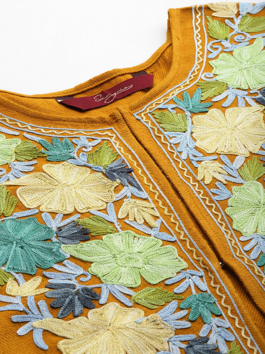 Sangria Floral Embroidered Flared Sleeves Thread Work Acrylic Fusion Kaftan Kurta
