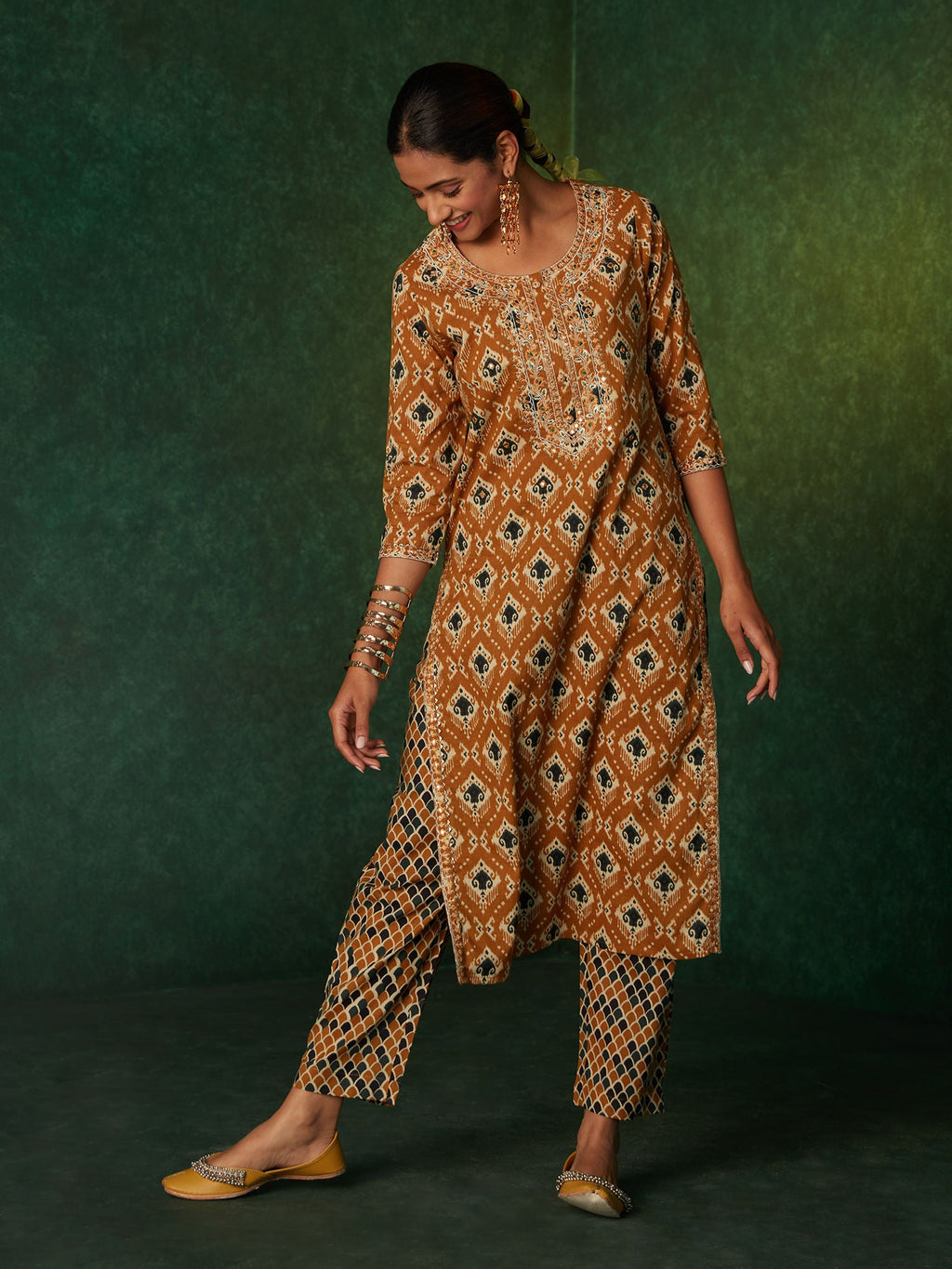 Likha Yellow Ikat Printed Straight Co-ord Set LIKSKD184 (Set of 2) - S