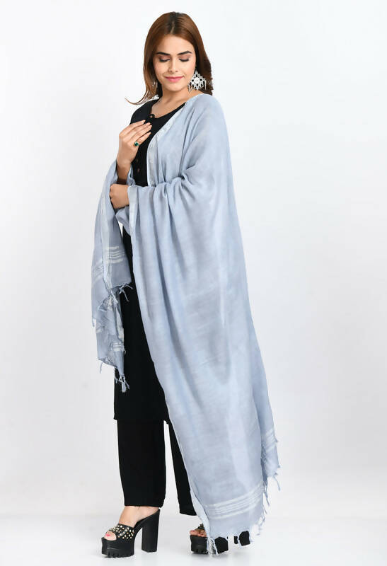 Mominos Fashion Moeza Women's Linen Cotton Silver Border Grey Dupatta