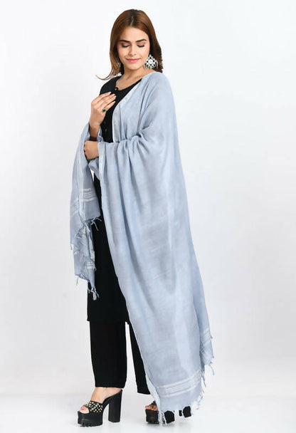Mominos Fashion Moeza Women's Linen Cotton Silver Border Grey Dupatta