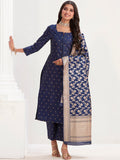 Sangria Navy Blue Ethnic Motifs Woven Design Straight Kurta With Trousers & Dupatta