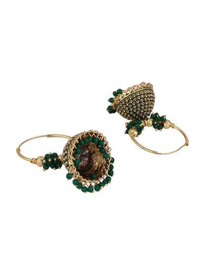 Anikas Creation Green & Gold-Toned Contemporary Jhumkas Earrings