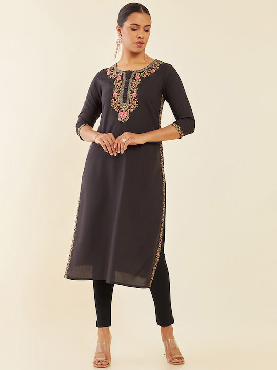 Soch Charcoal Floral Embroidered Straight Kurta