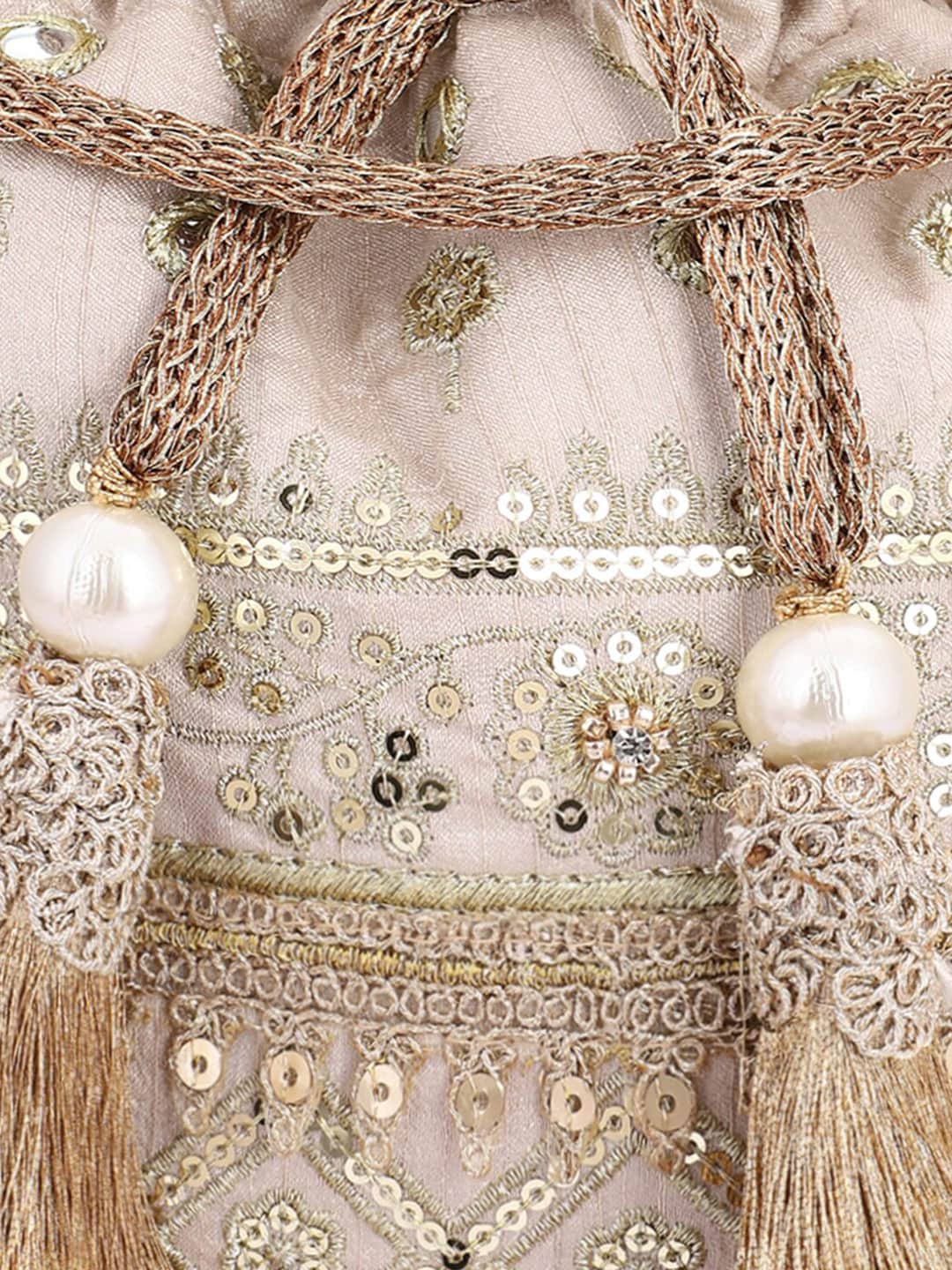 Masq Women Beige & Gold-Toned Embellished Potli