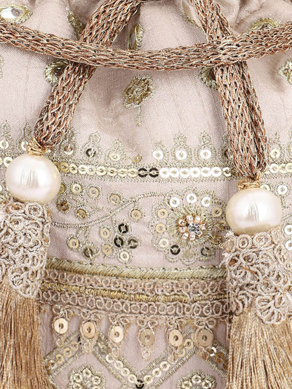 Masq Women Beige & Gold-Toned Embellished Potli