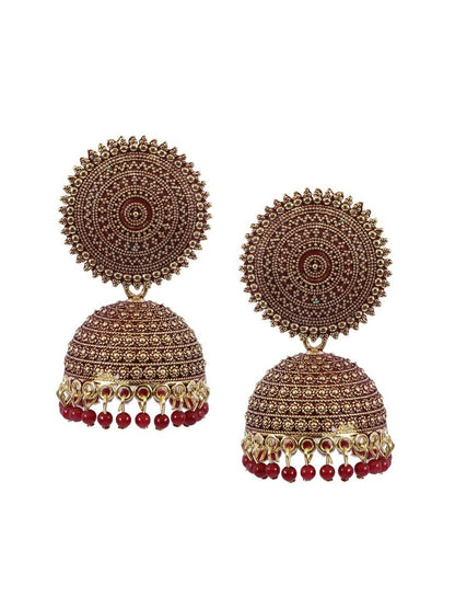 Mominos Fashion Joharkamal Gold-Polished Meenakari Jhumkas For Women & Girls (Maroon)
