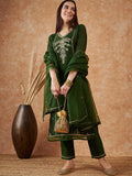 Sangria Floral Embroidered V-Neck Sequinned Straight Kurta With Trousers & Dupatta