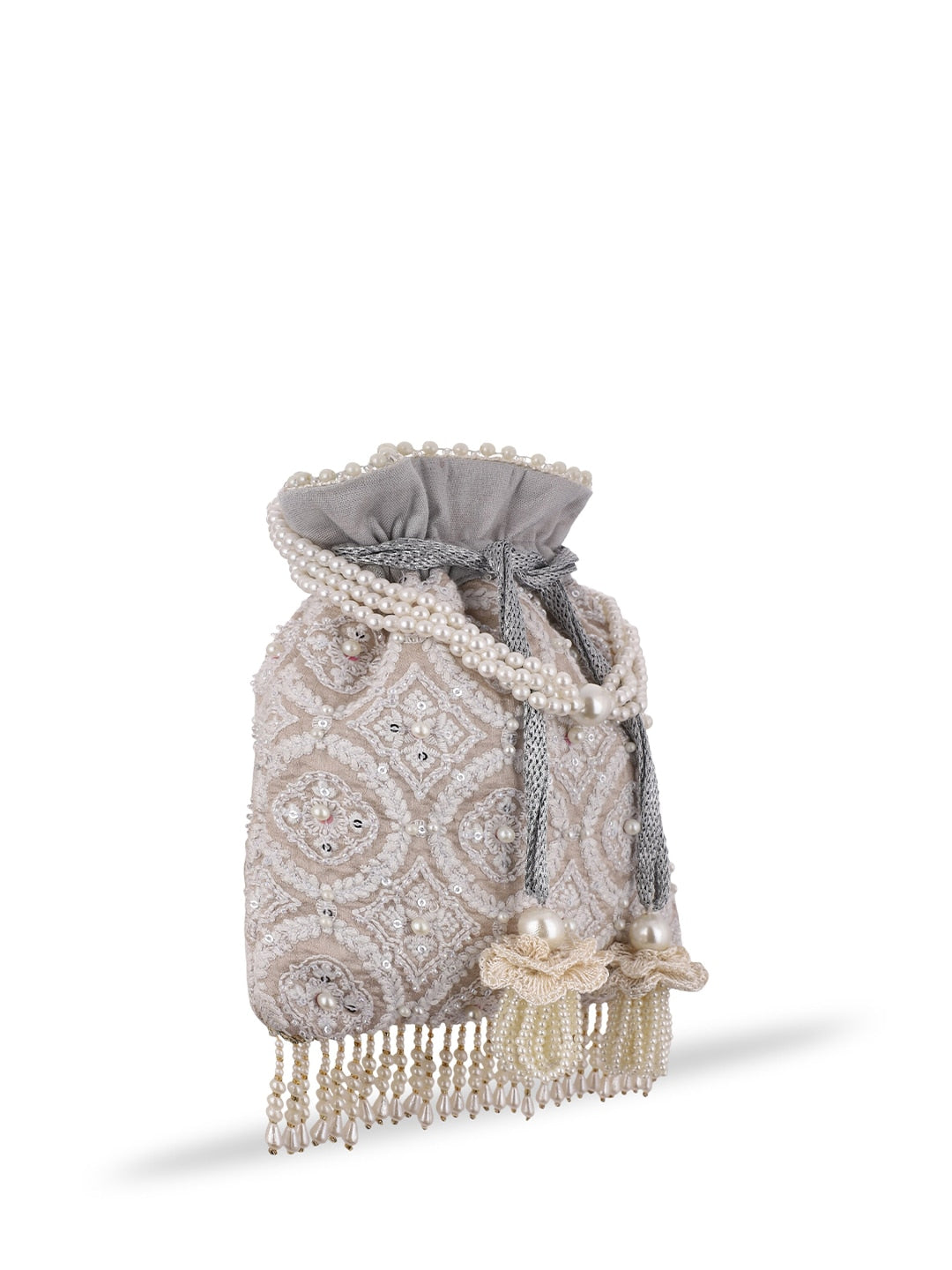 Masq Tan & White Embroidered Potli Clutch