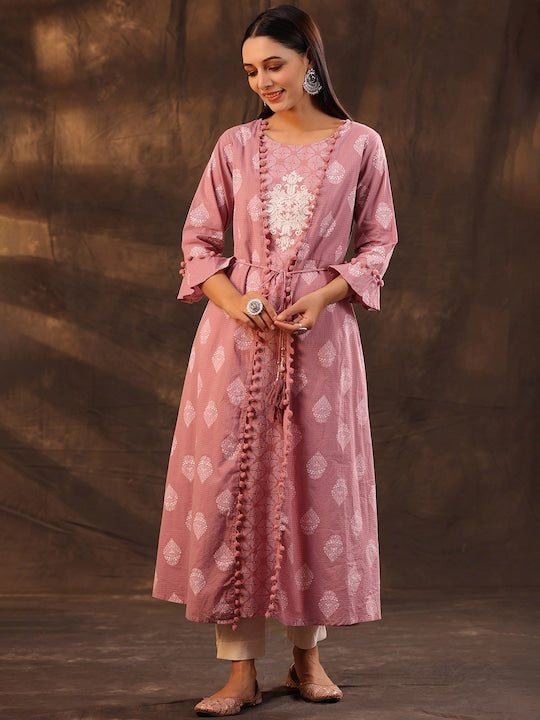 Juniper Women Pink & Off-White Layered Khari Print A-Line Kurta