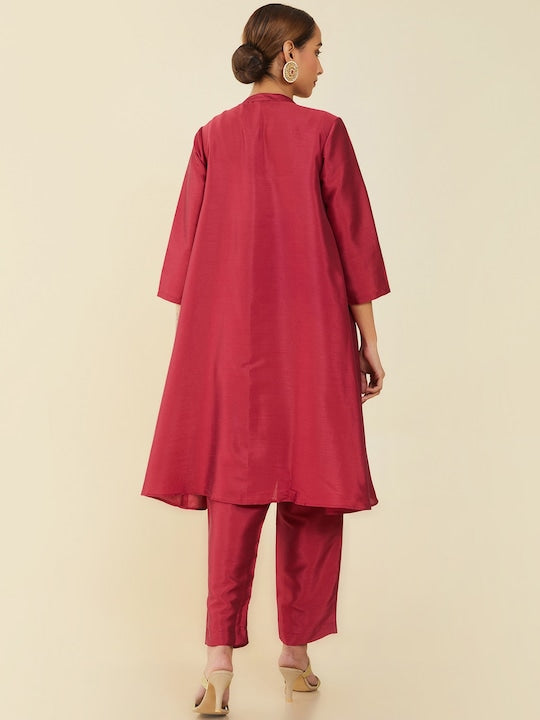 Soch Women Maroon Embellished A Line Kurta with Trousers