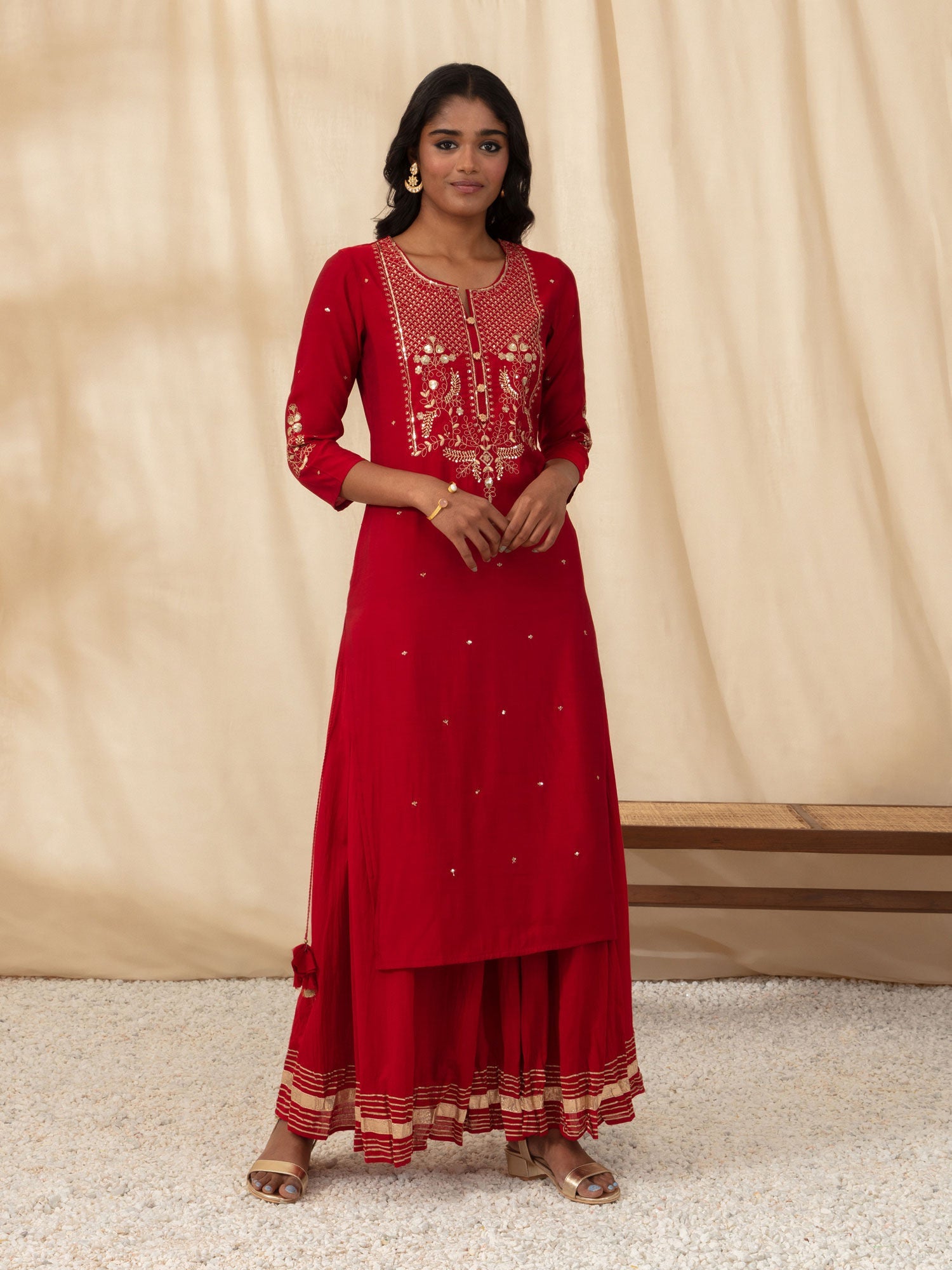 Likha Red Embroidered Kurta Sharara and Dupatta LIKSKD74 (Set of 3) - M