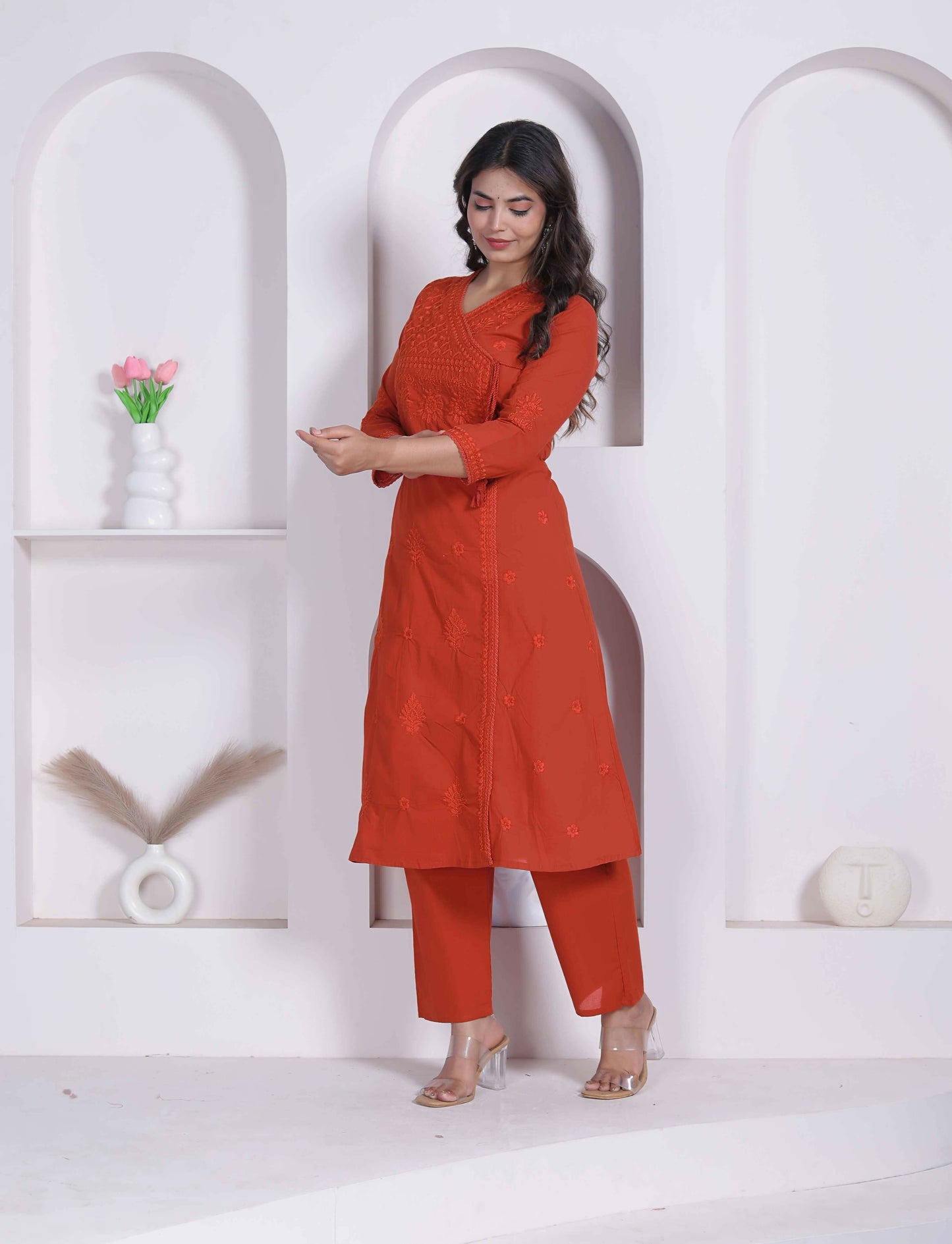 Miravan Womens Rust Floral Printed Angrakha Style Kurta With Palazzo