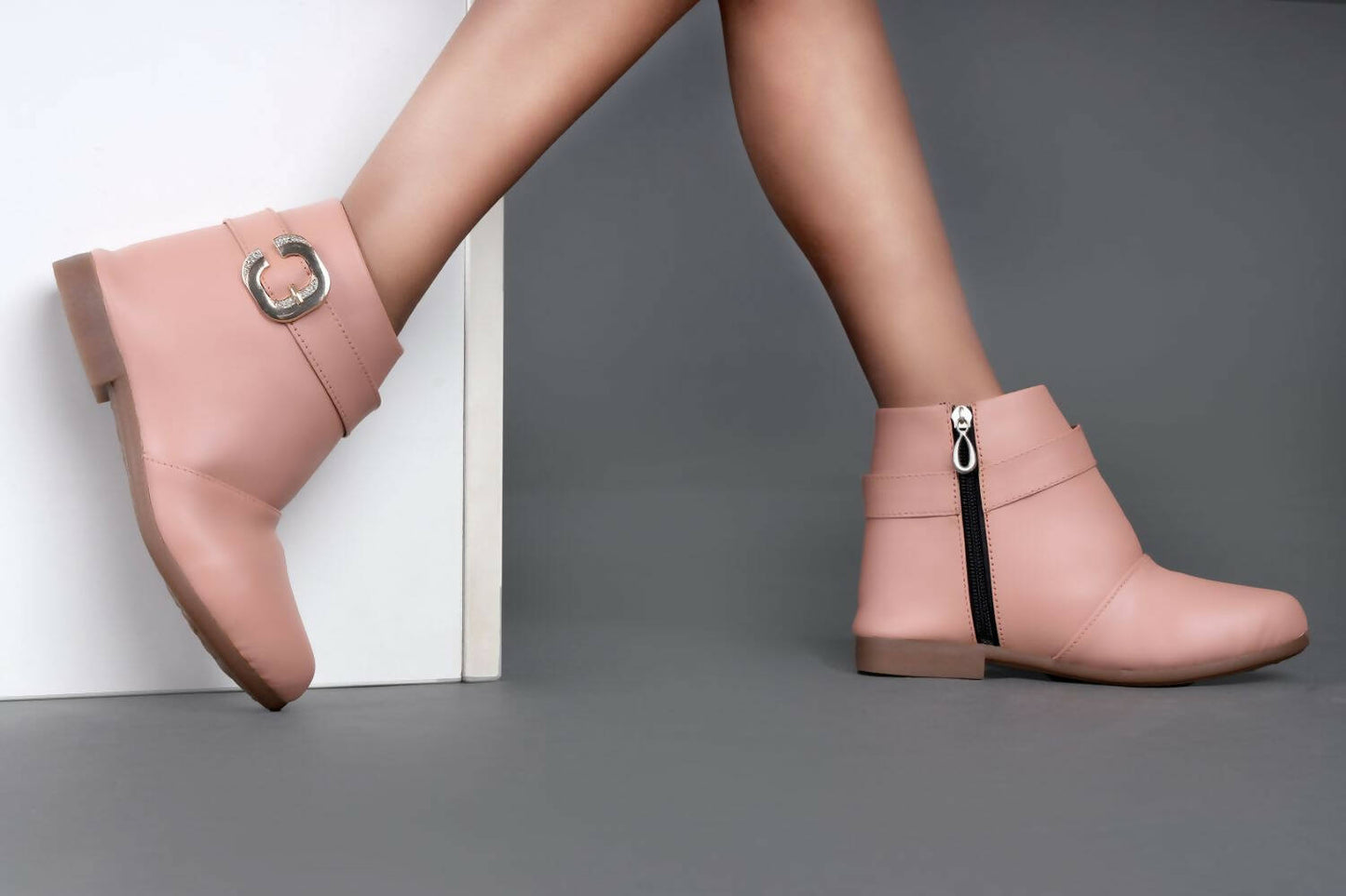 Tiny Bugs Girls Buckle Embellished Peach Ankle Length Boots