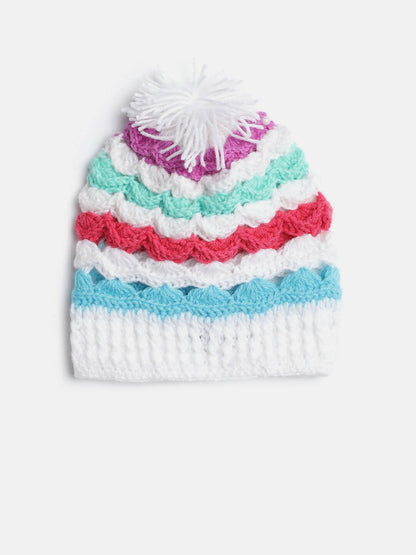 Chutput Kids Woollen Hand Knitted Striped Design Detailed Bobble Cap - Multi