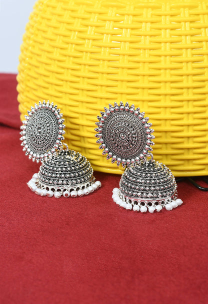 Mominos Fashion Johar Kamal Silver Color Jhumkas With White Pearls Earrings