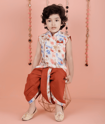 Joban Fashion Kids Island Cotton Sleeveless printed Kurta and Solid Dhoti - Rust