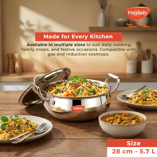 PrayLady Triplus Pro Triply Biryani Handi 24cm 4L Dum Biryani Cooking Pot Patila