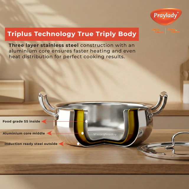 PrayLady Triplus Pro Triply Biryani Handi 24cm 4L Dum Biryani Cooking Pot Patila