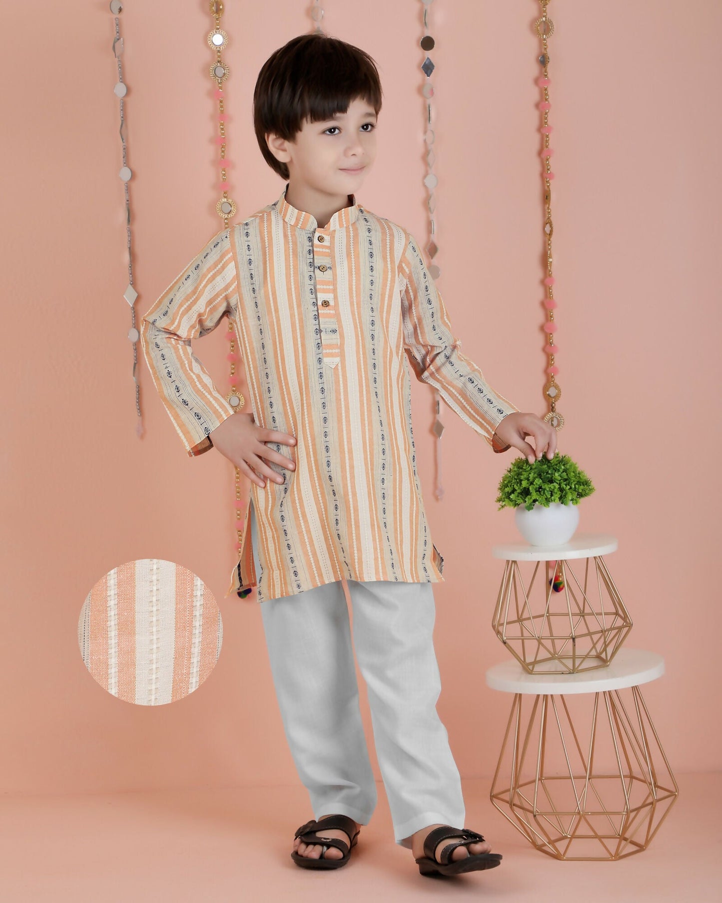 Joban Fashion Kids Island Cotton Full Sleeves Striped Kurta and Pyjama- Orange