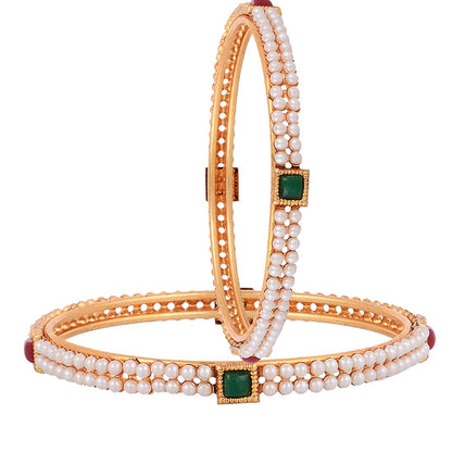 Gold-Polished Alloy Pearl Studded Multi Bangle Set - The Pari