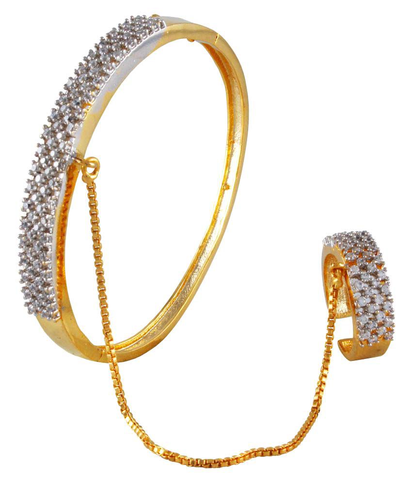 Gold-Polished Alloy American Diamond Bracelet With Ring - The Pari