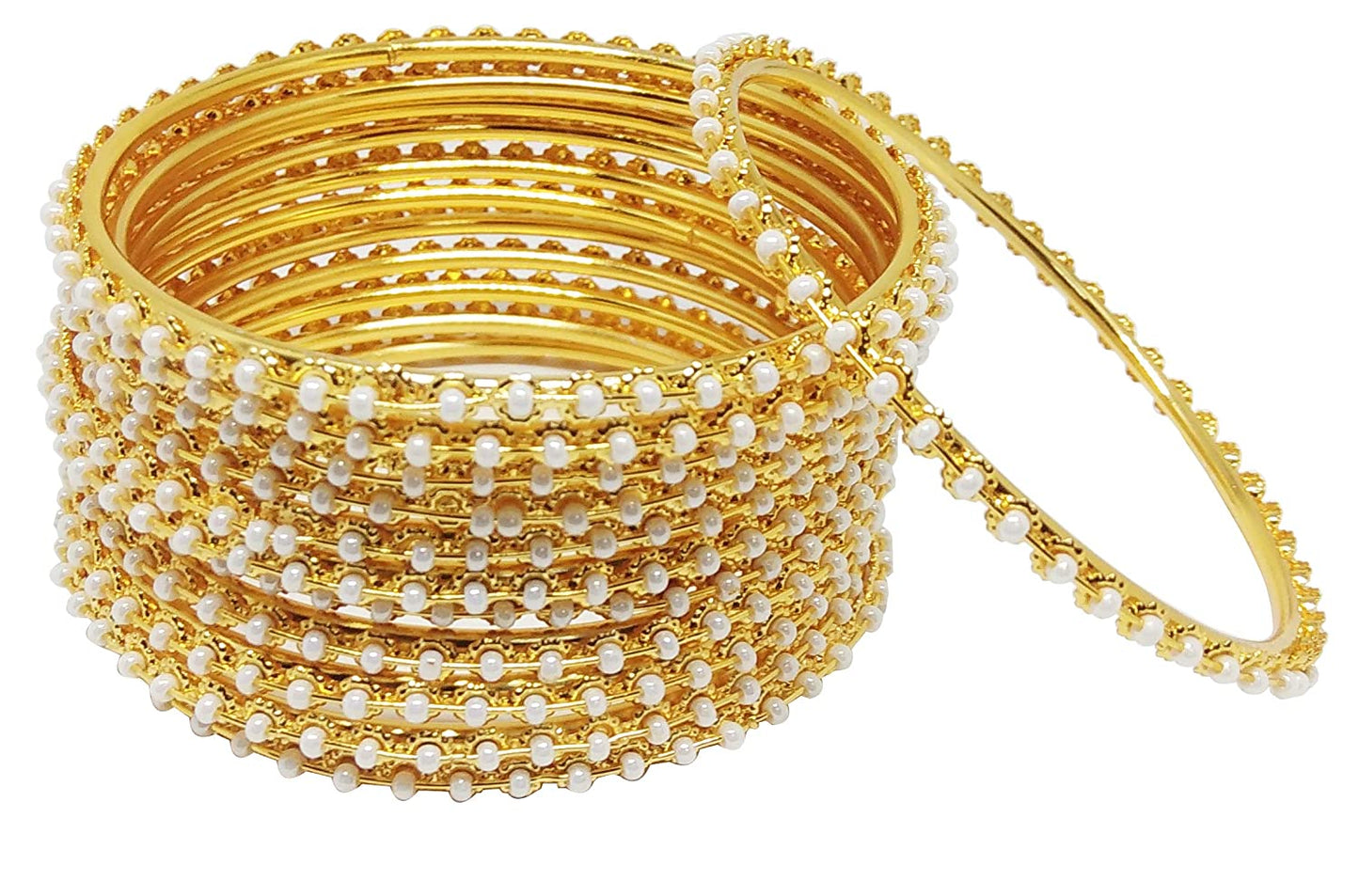 Gold-Polished Alloy Set Of 12 Thin White Bead Bangles - The Pari