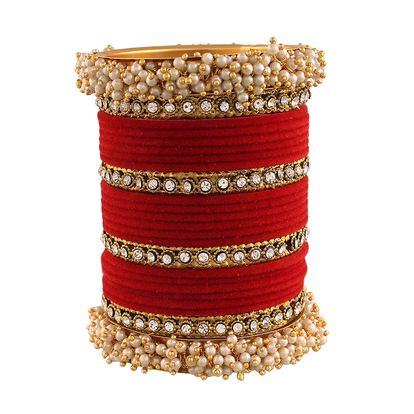 Gold-Polished Alloy Red Velvet Bangle Set With Pearl Bangle - The Pari
